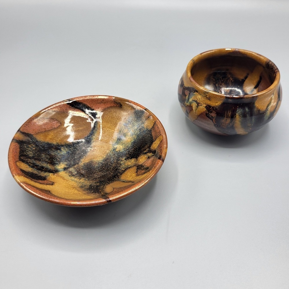 Art Studio Pottery Tea Bowl Saucer Set Abstract Drip Glaze Brown Amber Decor